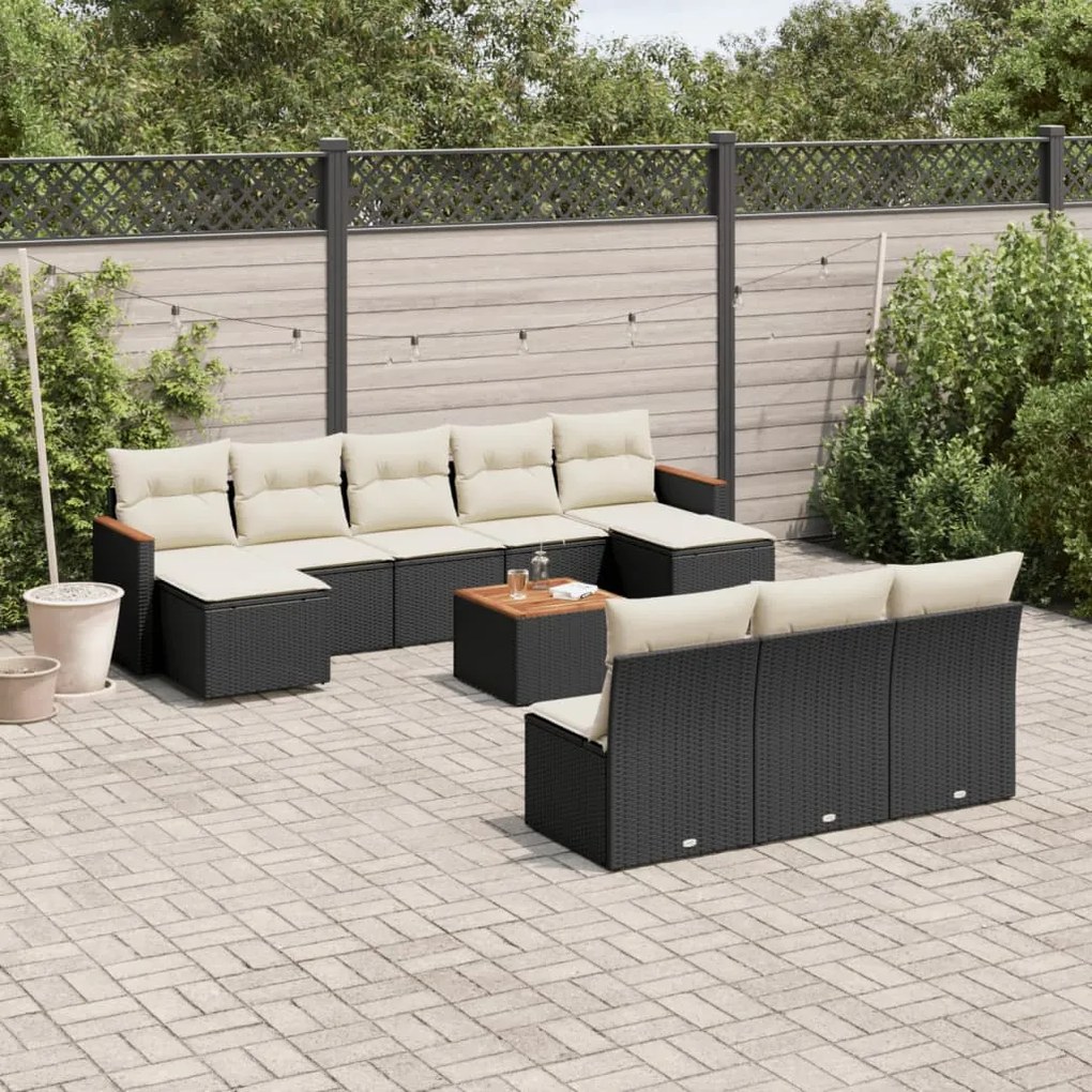 11 pcs conjunto sofás de jardim c/ almofadões vime PE preto
