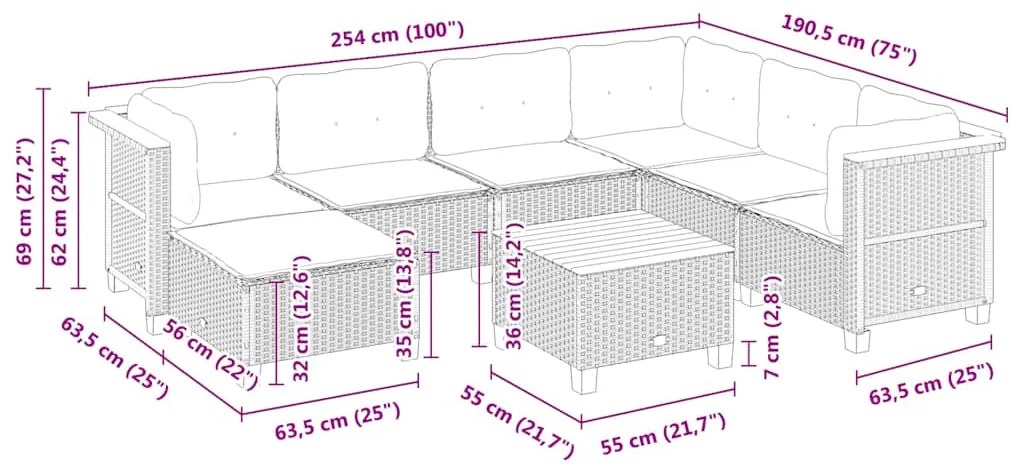 8 pcs conjunto de sofás p/ jardim com almofadões vime PE bege