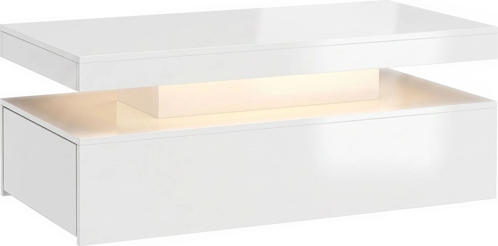HOMCOM Mesa de centro LED com arrumação, moderna mesa de sala de 2 níveis com 2 gavetas, branco alto brilho | Aosom Portugal