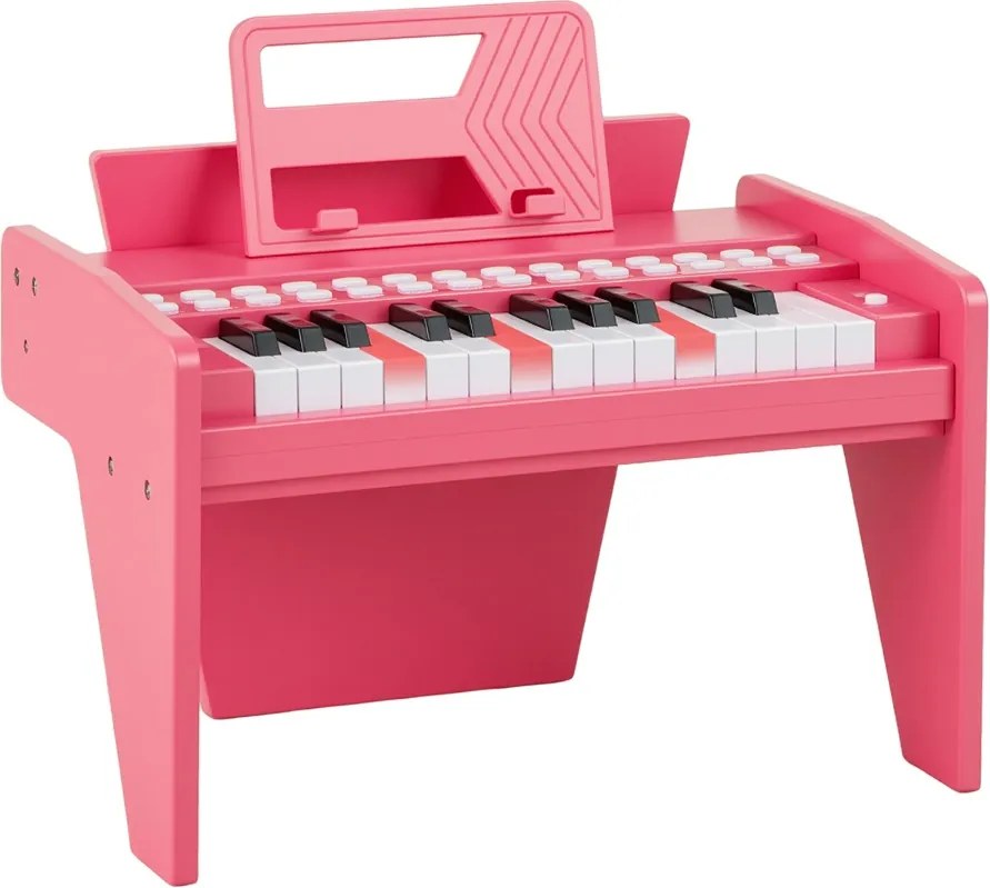 Teclado de piano para crianças 38 x 23 x 27 cm com 25 teclas digital em madeira com velocidade e volume ajustáveis Modo de ensino Rosa