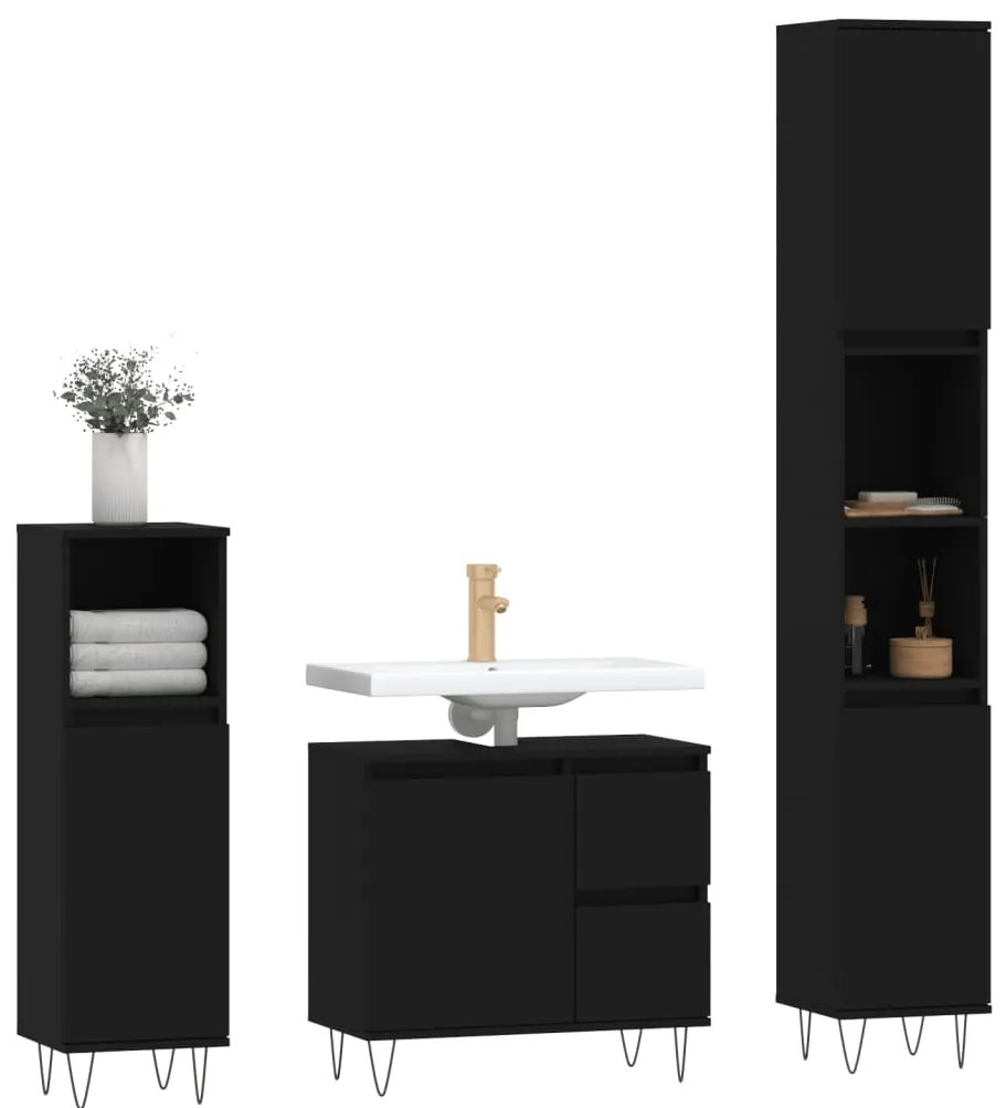3 pcs conjunto móveis casa de banho derivados de madeira preto