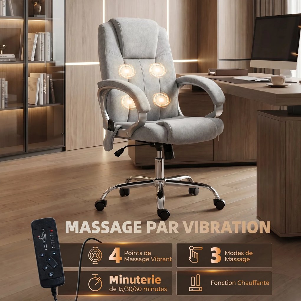 Cadeira de escritório com função de massagem e aquecimento, cadeira de escritório ergonómica, altura e braços ajustáveis, cinzenta