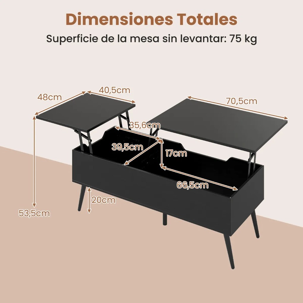 Mesa de centro moderna elevável com 2 compartimentos de armazenamento ocultos 111 x 48 x 40-53,5 cm Preta