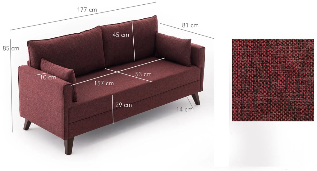 Sofá 2 Lugares "Oslo" - Vermelho Tinto - 177x85x81 cm - Design Moderno