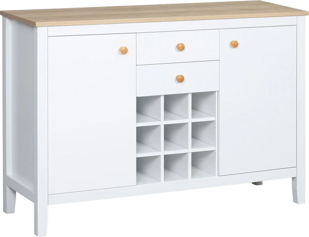HOMCOM Aparador de Cozinha com 2 Gavetas 2 Armários com Prateleiras Ajustáveis e Suporte para 9 Garrafas 110x35x75 cm Branco e Madeira | Aosom Portugal