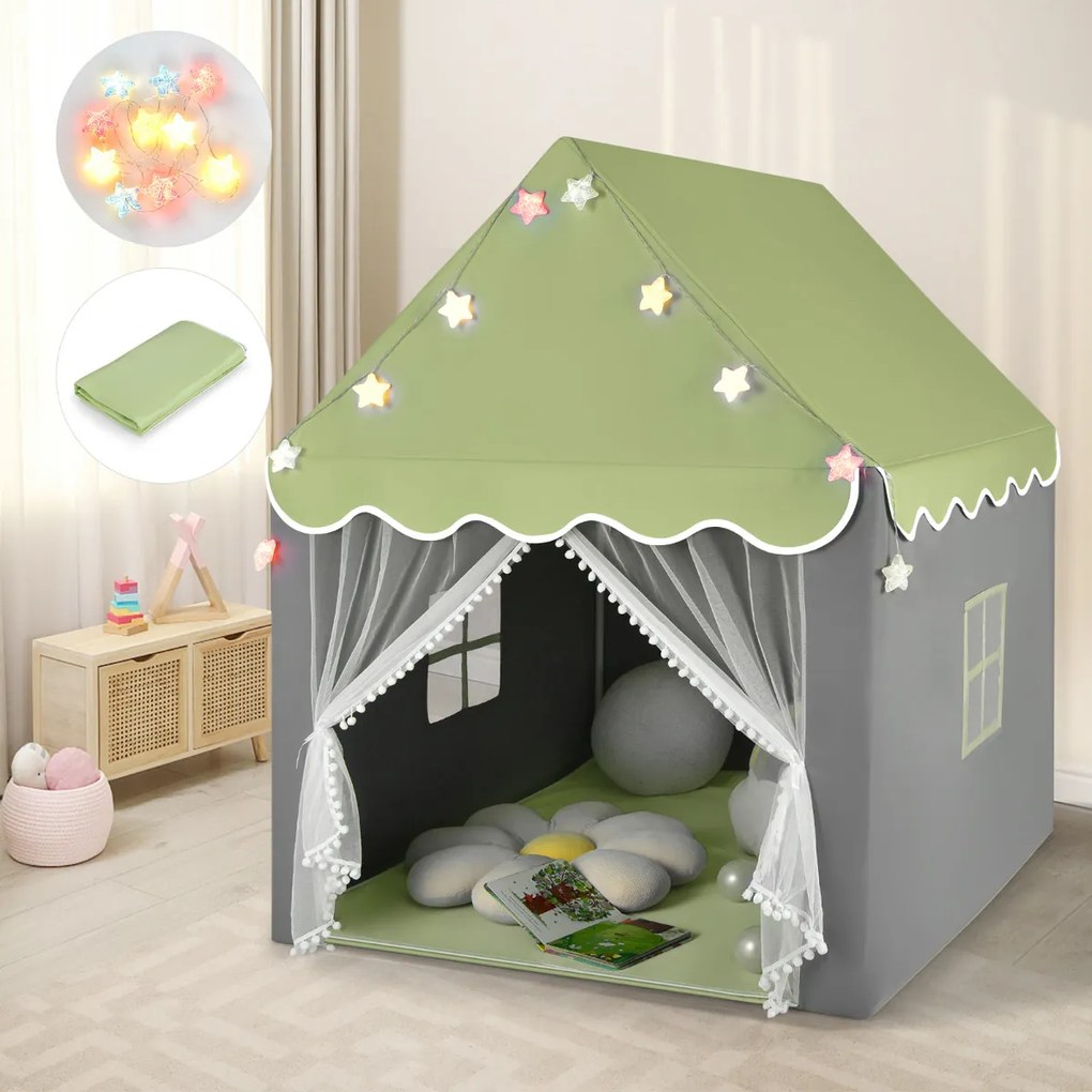 Tenda infantil com tapete lavável Tenda Castelo de Fadas Casa Tenda com Luzes Janelas 105 x 121 x 136 cm Verde