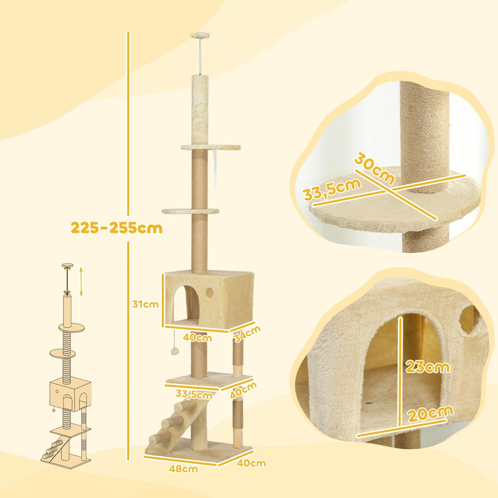 Arranhador para Gatos do Chão ao Teto de 225-265 cm  com Altura Ajustável Múltiplas Plataformas Escada Bola Suspensa Bege