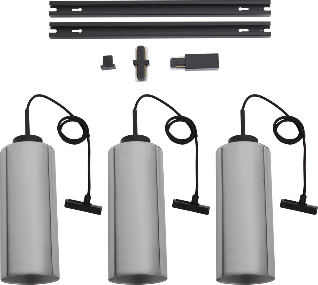 Sistema de Calhas Moderno Preto com 3 Candeeiros Pendentes de Vidro Fumado Monofásico - Iconic Laura