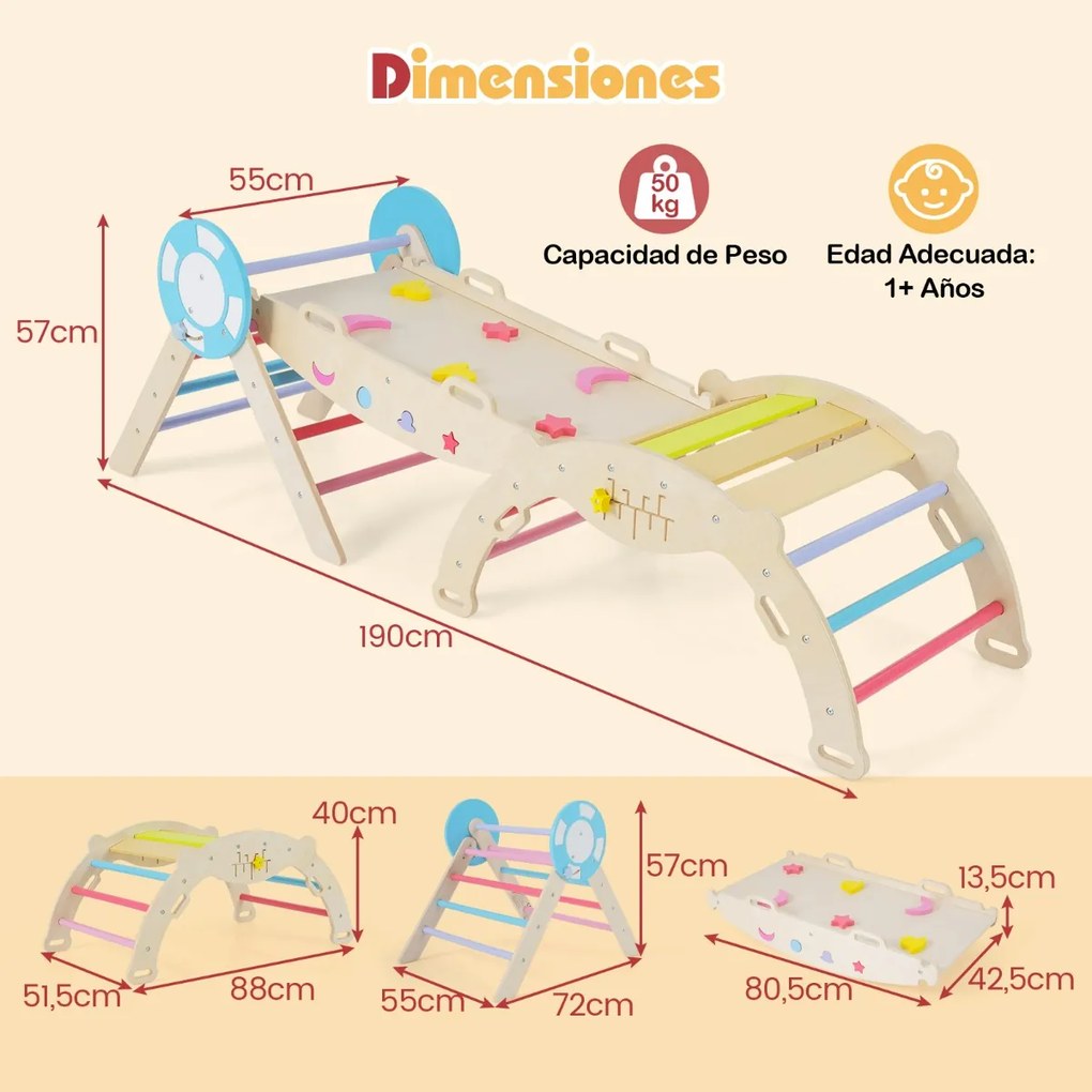 Conjunto triangular 8 em 1 de escalada para bebés com rampa, escada e arco de escalada Montessori de madeira Multicolor