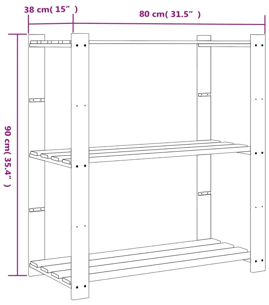 Unidade de 3 prateleiras 80x38x90 cm pinho maciço preto