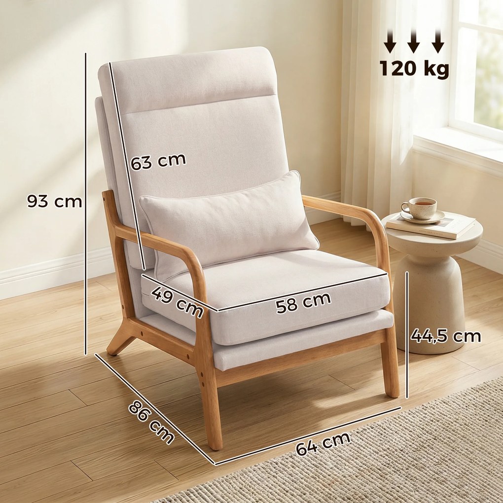 Poltrona de sala, poltrona auxiliar estofada em linho com assento largo, apoio lombar, encosto alto, 64 x 86 x 93 cm, creme