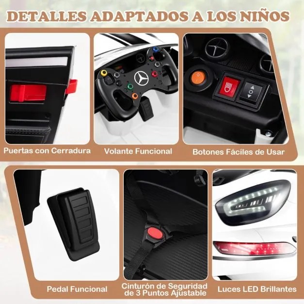Carro elétrico para crianças 12V com controlo remoto, música, buzina, luzes LED, cinto de segurança ajustável, arranque lento, branco