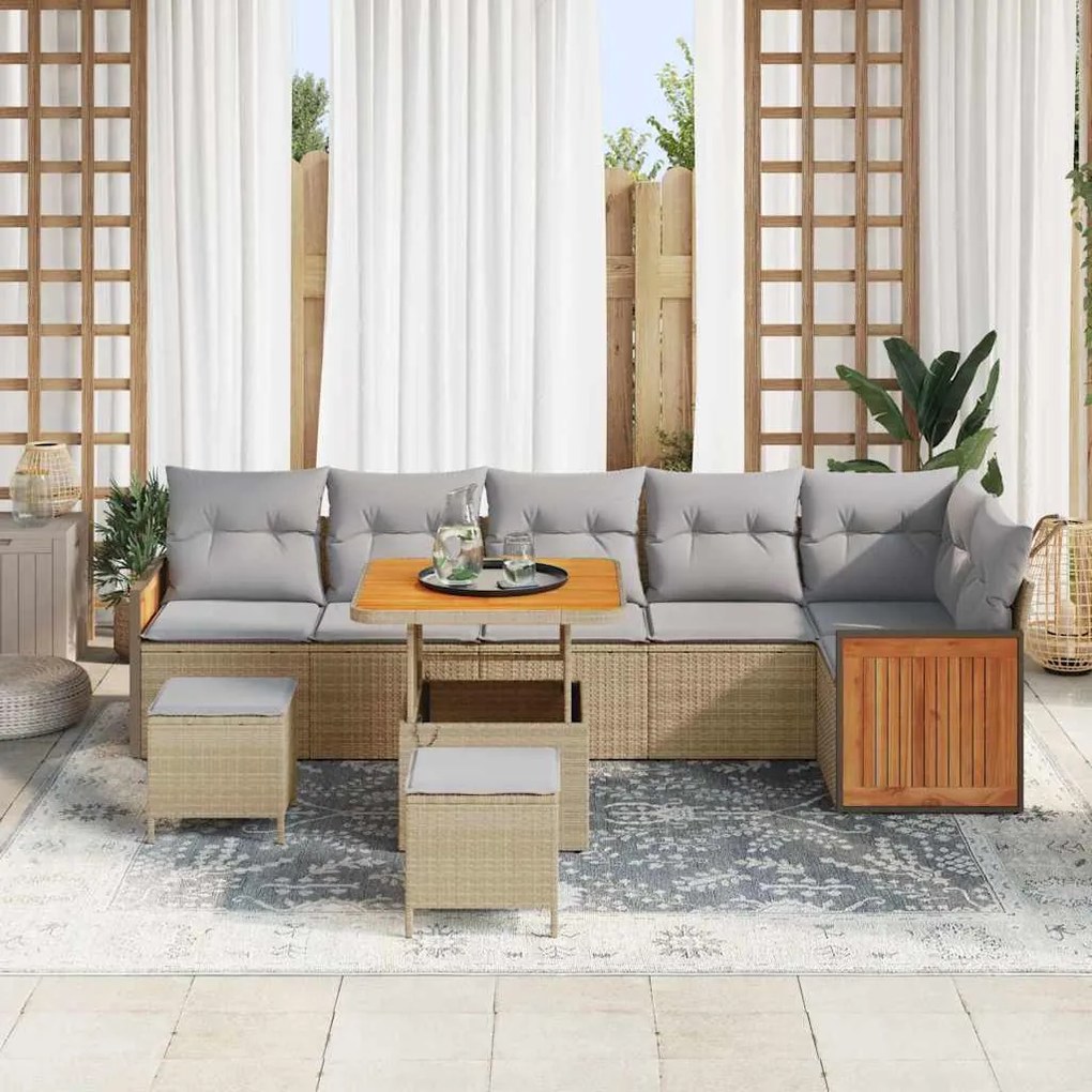 Conjunto de Sofá Jardim de 9 Peças com Almofadas Bege de Vime Sintétic
