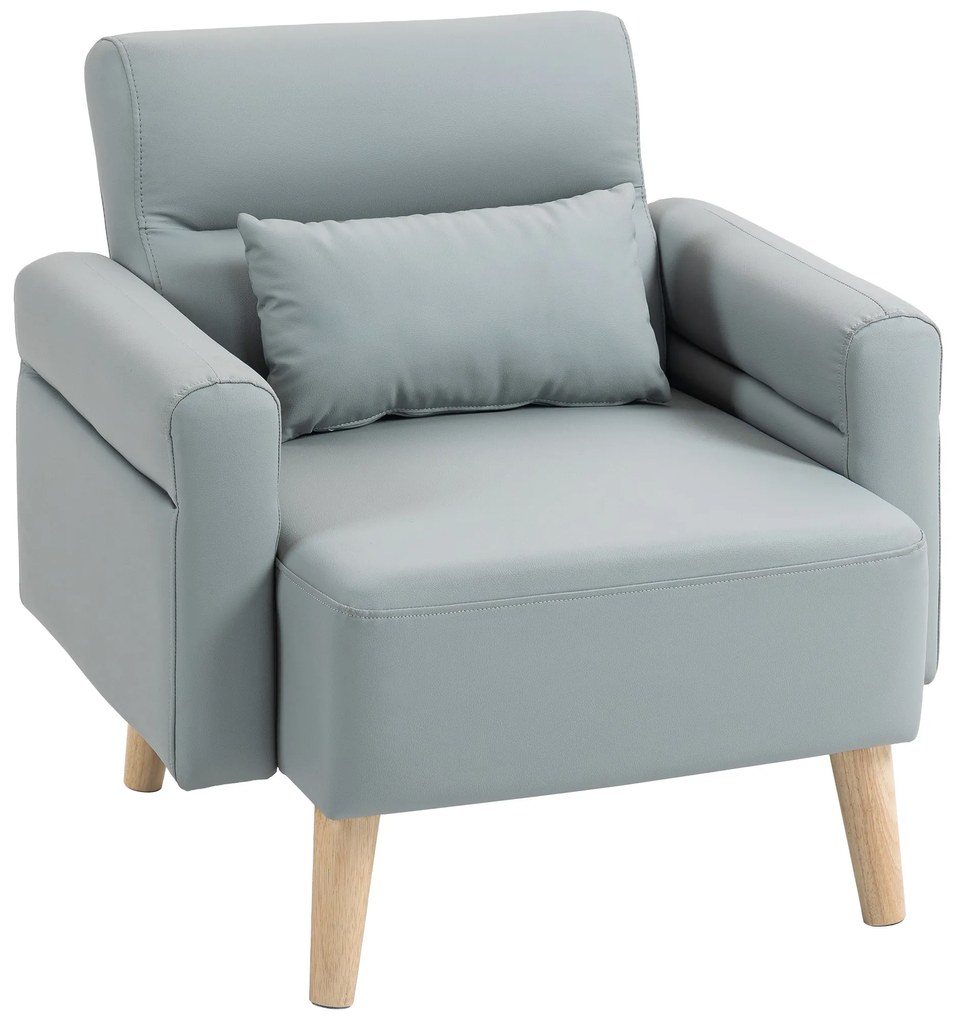 HOMCOM Poltrona Moderna Estofada em Couro Sintético com Apoios de Braço Acolchoados e Pés em Madeira 77x78x78 cm Cinzento