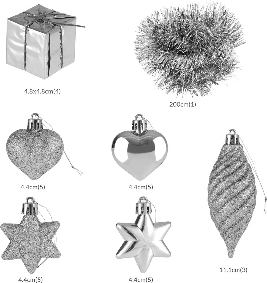 Conjunto de 103 bolas de Natal com diversos tamanhos e padrões Prateado
