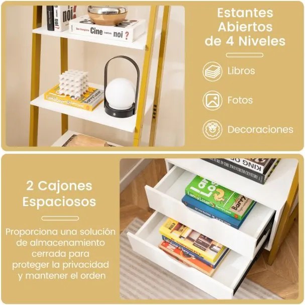 Estante em forma escada 52 x 39,5 x 134 cm com 4 prateleiras abertas e 2 gavetas Branco + Dourado