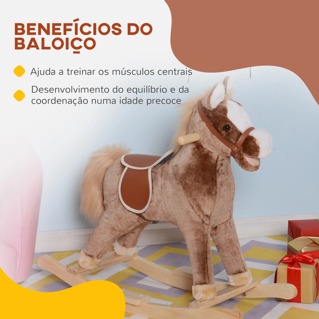 Cavalo de Baloiço para crianças +3 anos com Pegas Estrutura Metálica e Base em Madeira Carga 40 kg 74x33x62 cm Castanho