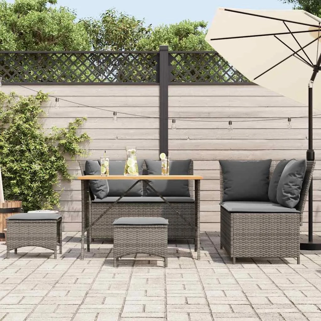 5 pcs conjunto sofás de jardim c/ almofadões vime PE cinzento