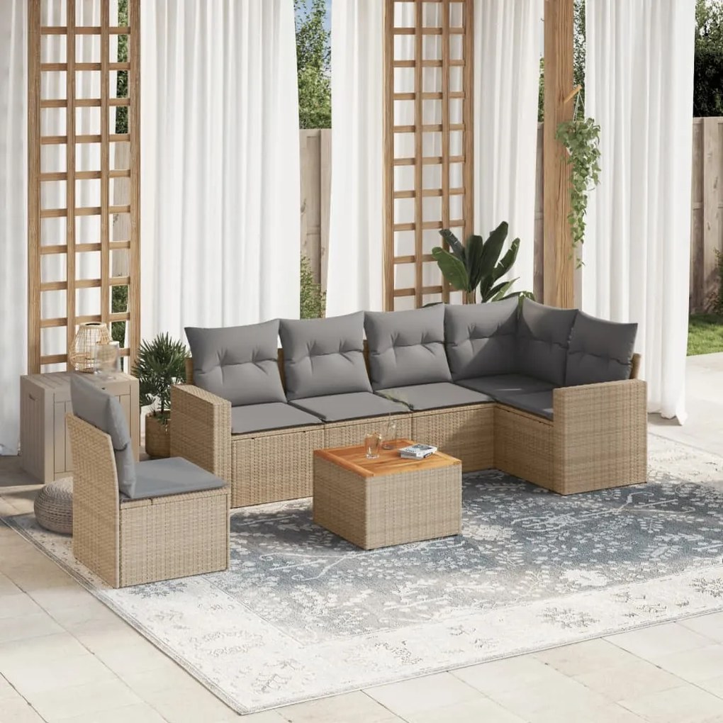 vidaXL 7 pcs conjunto de sofás p/ jardim com almofadões vime PE bege