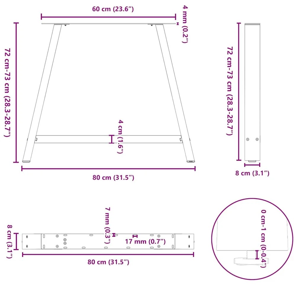 Pés de mesa de jantar em formato A, 2 peças, 90x (72-73) cm, aço