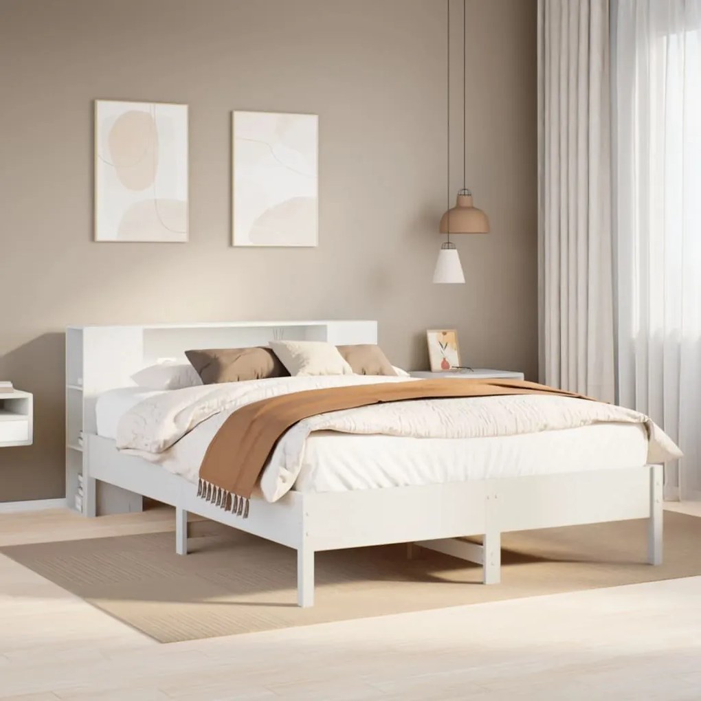 Cama com estante sem colchão 140x190 cm pinho maciço branco