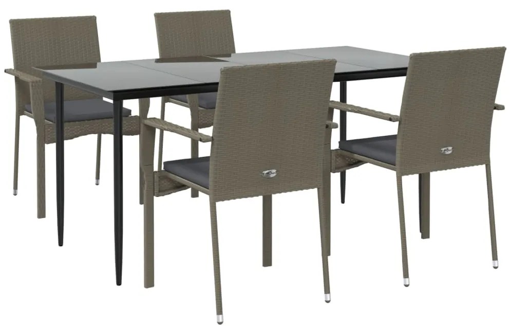 5 pcs conjunto jantar jardim c/ almofadões vime PE preto/cinza