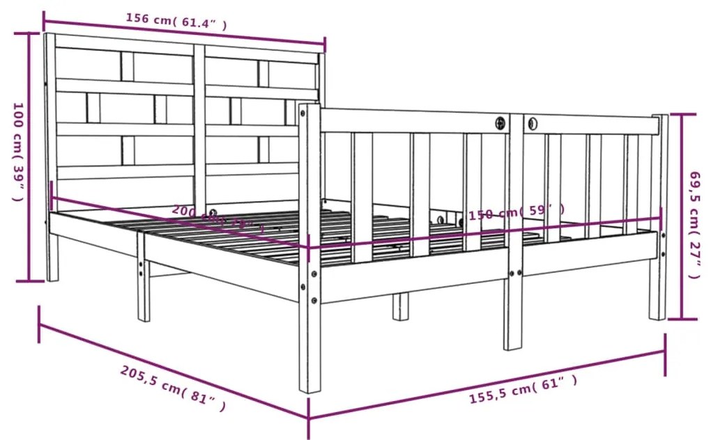 Estrutura de cama king 150x200 cm pinho maciço