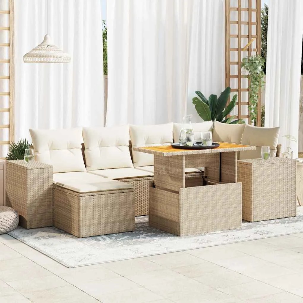 vidaXL 7 pcs conjunto de sofás p/ jardim com almofadões vime PE bege