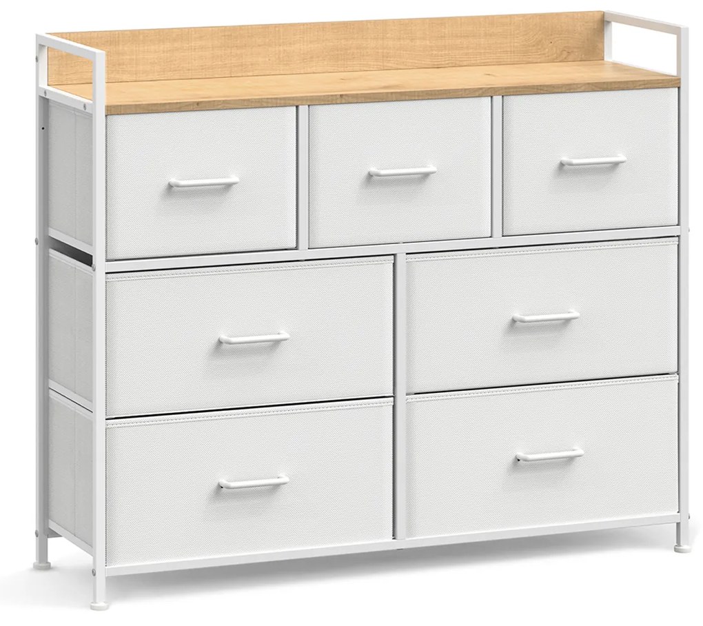 Cômoda com 7 gavetas de tecido, estrutura metálica, estilo moderno | SONGMICS | 98 x 28,5 x 85 cm | branco e madeira | LTS523W57.