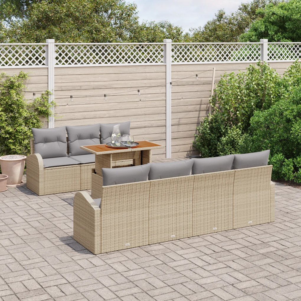 Conjunto de Sofás de Jardim de 8 Peças com Almofadas Bege Rattan Polié