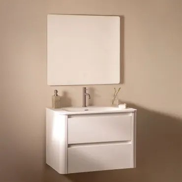 Conjunto De Móvel De Casa De Banho Suspenso 80x50 Cm Em Madeira Com Lavatório Integrado Egerton Branco & Led Retangular E Anti-embaciamento - Sklum