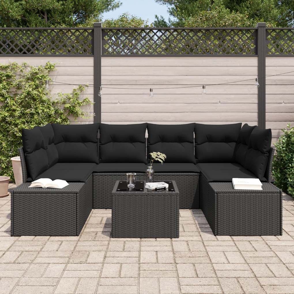 Conjunto de Sofá de Jardim de 7 Peças com Almofadas Preto Polirattan