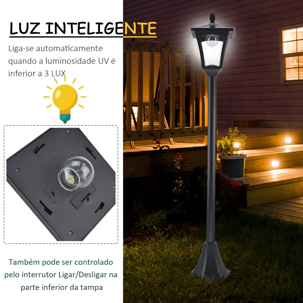 Candeeiro Solar de Jardim – 18x18x160 cm – Preto – Estrutura em Aço In