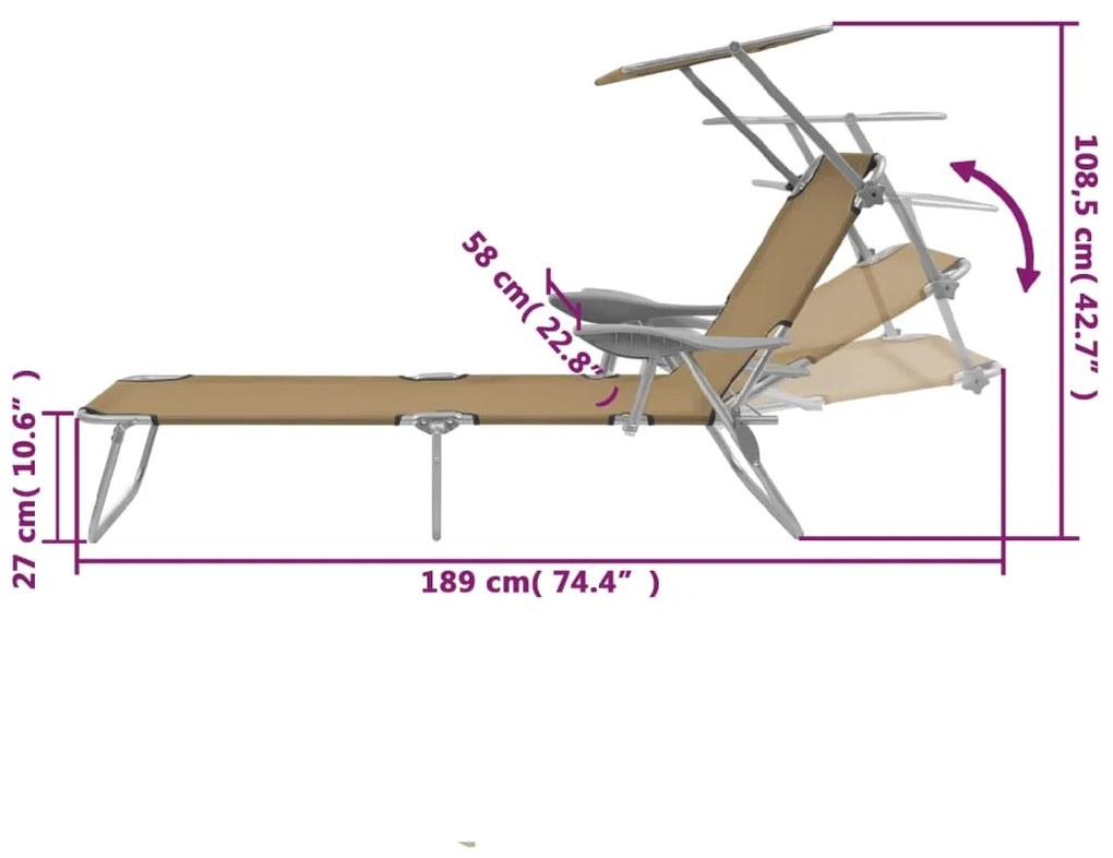 Espreguiçadeira dobrável com toldo aço cinzento-acastanhado