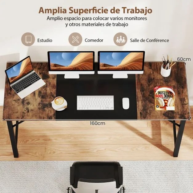 Mesa de escritório 160 x 60 cm Estrutura metálica para conferências, escritório, Castanho e preto