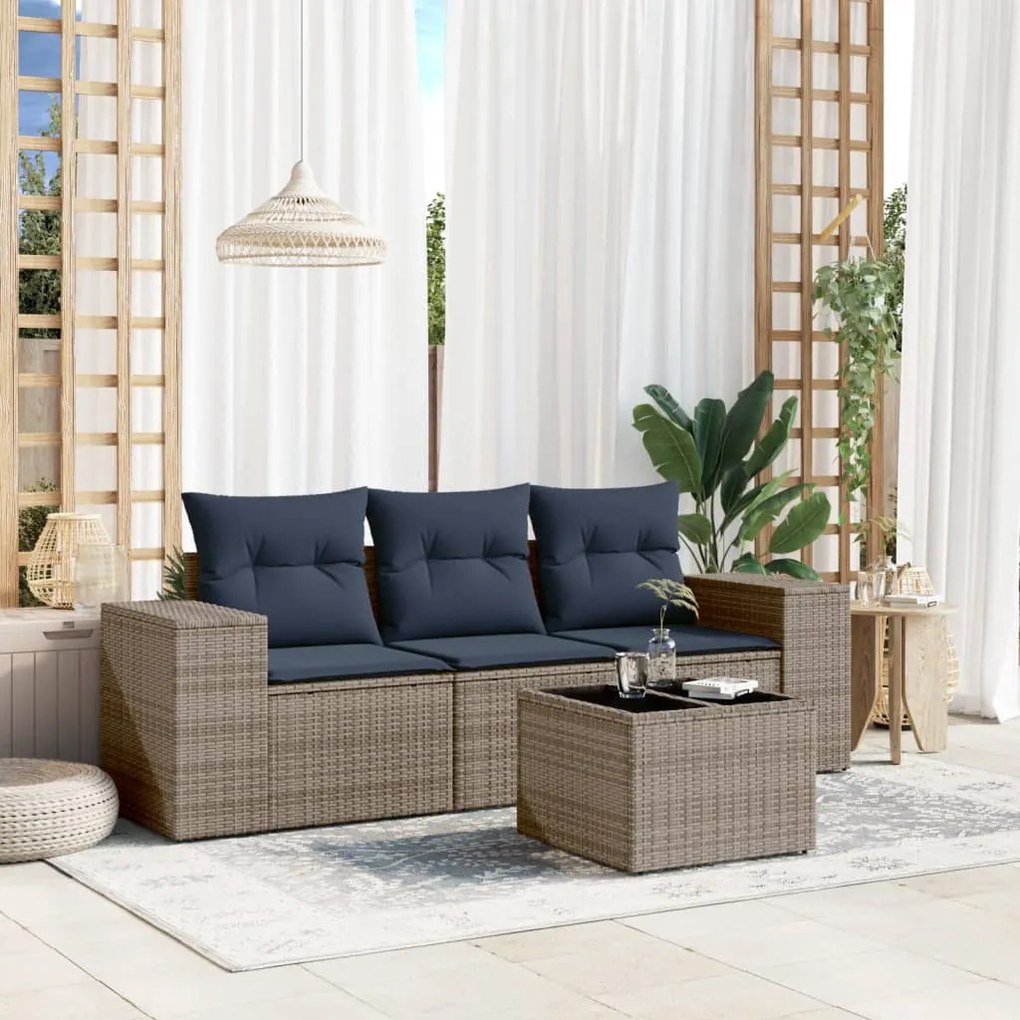 vidaXL 4 pcs conjunto sofás p/ jardim c/ almofadões vime PE cinzento