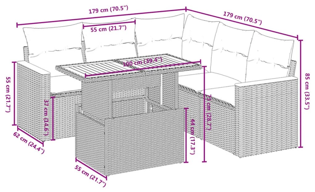 6 pcs conjunto sofás de jardim c/ almofadões vime PE preto