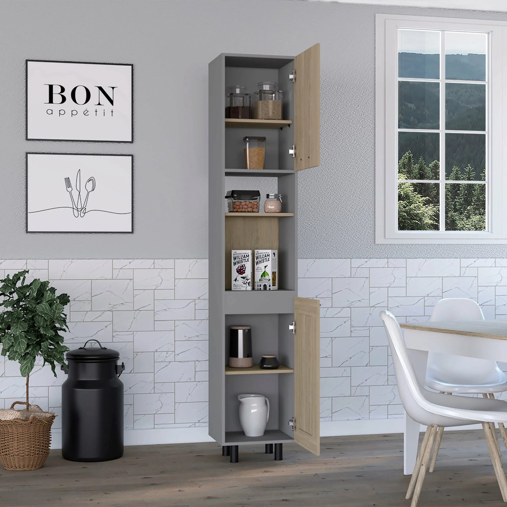 Armário despensa de cozinha alta Hasselt com dois armários de armazenamento e prateleiras internas, 208,4 cm a x 13,75 cm p x 15,75 cm L, cinza/rovere