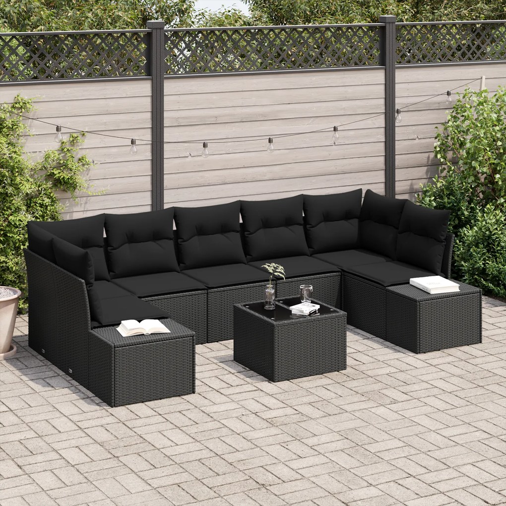 Conjunto de Sofá de 8 Peças com Almofadas Preto Rattan