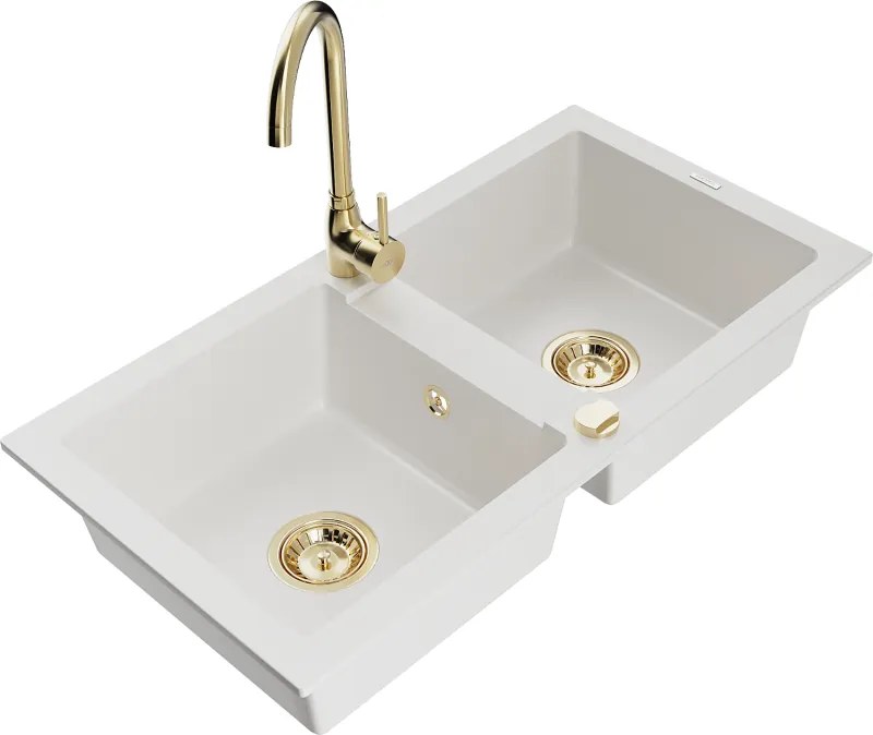 Mexen Mario lava-louça de granito 2-cubas com torneira de cozinha Telma, branco - 6504-20-670200-50