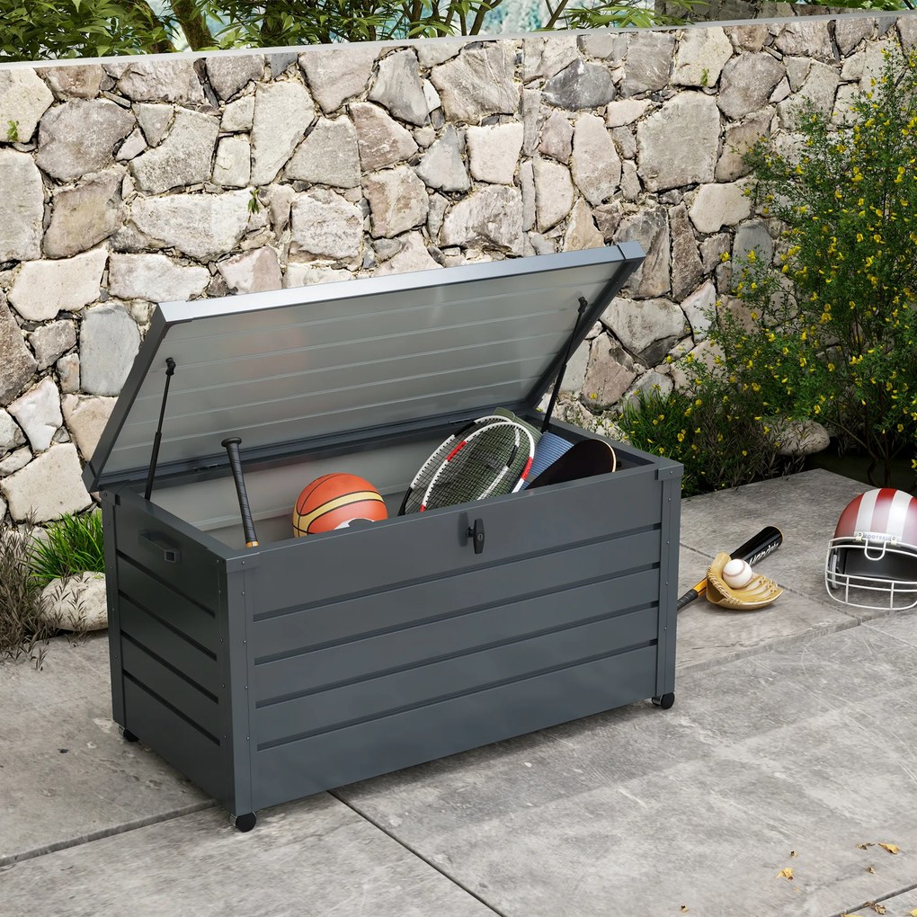 Caixa de arrumação 120 x 62 x 66 cm para exterior 311L, com amortecedor a gás, rodas e pega, em aço galvanizado, cinzento