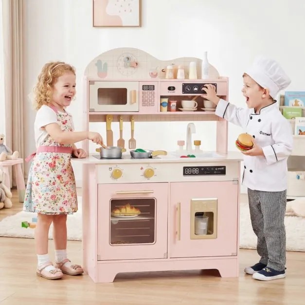 Cozinha brincar infantil de madeira 79,5 x 39,5 x 90,5 cm com 17 acessórios, forno e máquina de gelo, para crianças com mais de 3 anos, cor rosa
