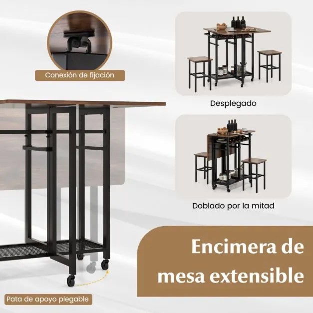 Conjunto de mesa de jantar alta dobravel com 2 bancos Estante para 6 garrafas, prateleiras e pega lateral para cozinha Castanho