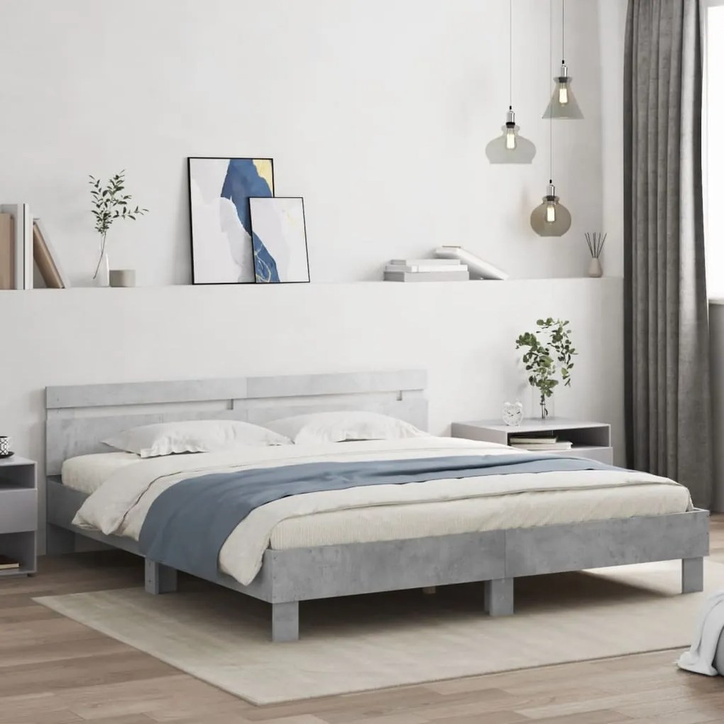 vidaXL Estrutura cama cabeceira e luzes LED 200x200cm cinzento cimento