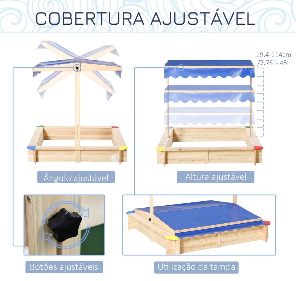 Caixa de areia de madeira para crianças com telhado Toldo ajustável Es