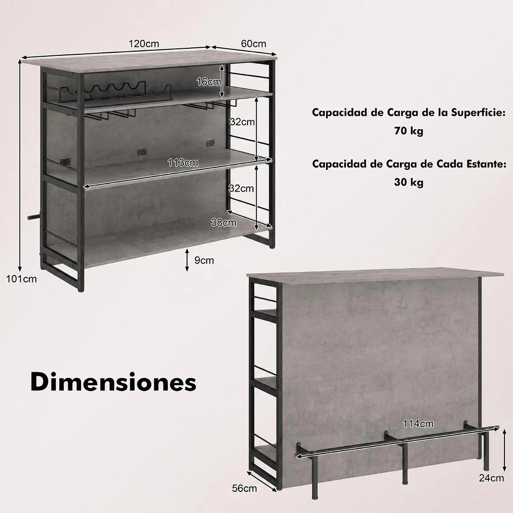 Mesa de Bar, 120 x 60 x 101 cm, Estantes Multinível, Preto e Cinzento