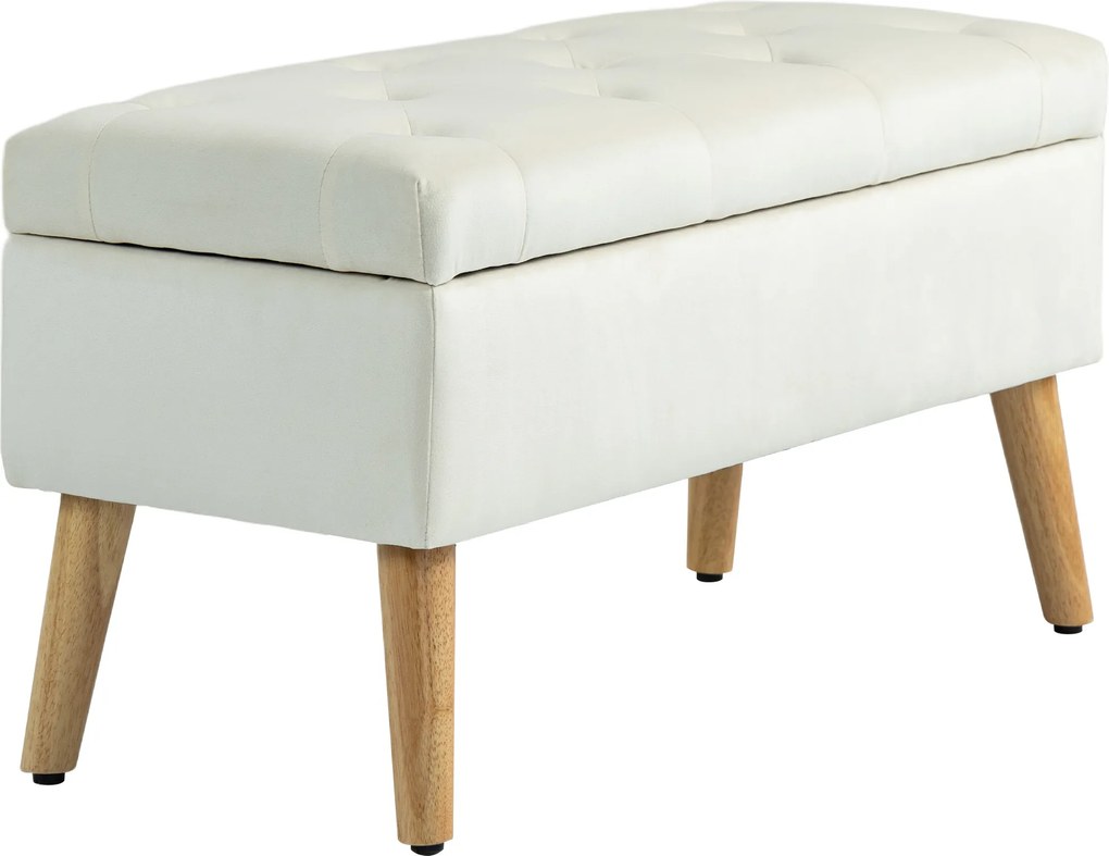 Banco com arrumação, baú de arrumação em tecido com efeito veludo 80 x 35 x 42 cm, pés em madeira creme