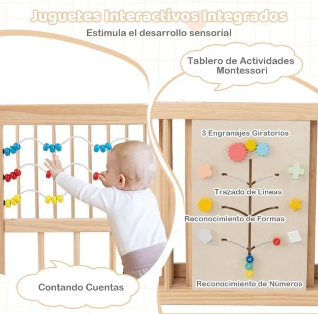 Parque infantil Bebe Madeira 160 x 160 x 61,5 cm com brinquedos Montessori, porta bidirecional, fecho de segurança e forma ajustável, natural