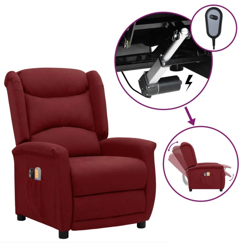 vidaXL Poltrona de massagens elétrica reclinável tecido vermelho tinto