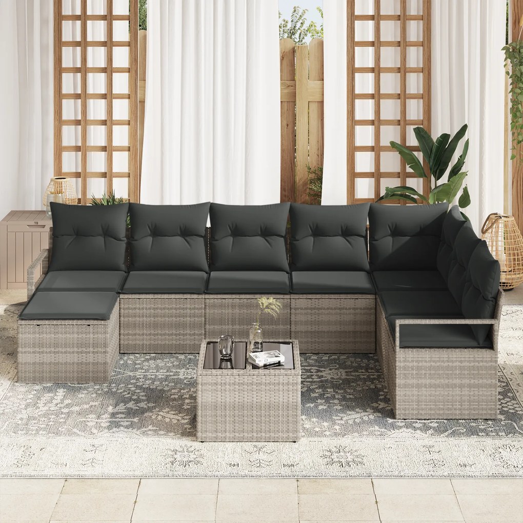 Conjunto de Sofás de Jardim de 9 Peças com Almofadas em Vime Cinzentro